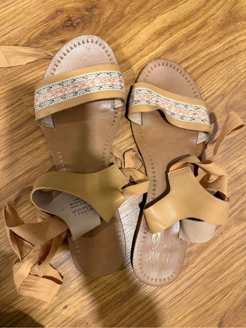 Women’s Tan Lace-Up Flat Sandals with Beaded Strap